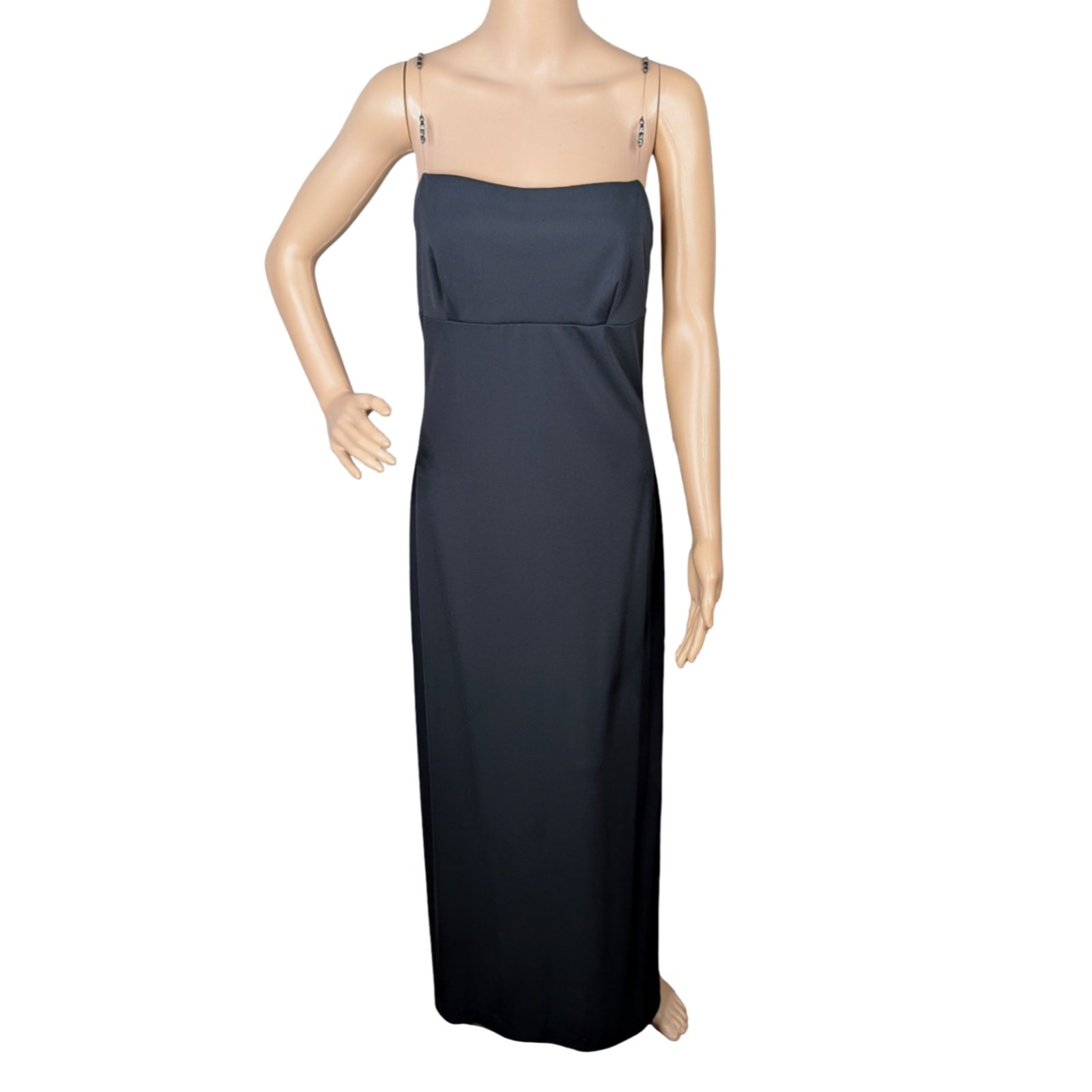 Vintage 90s Allen B Evening Black Column Gown 8 Beaded Wire Strap Slit Prom Gala
