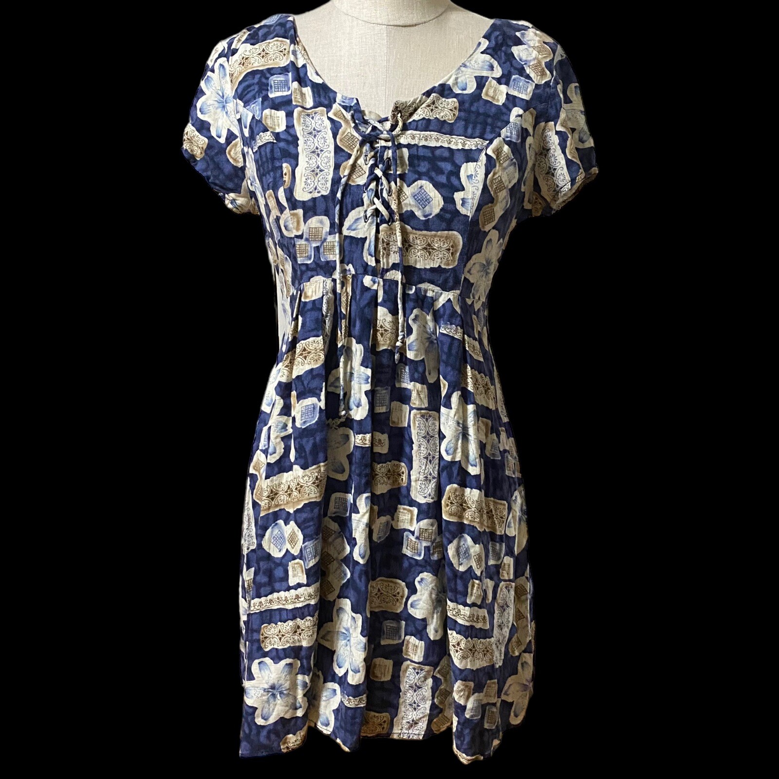Vintage 80s JONI BLAIR Lace Front Cool Toned Lily Print Mini Dress 9/10