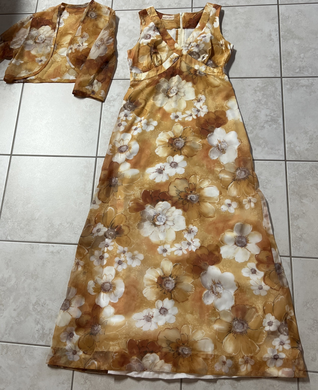 Vintage Carol & Mary Hawaiian Honolulu Dress With Sleeve Jacket Floral Brown Tan