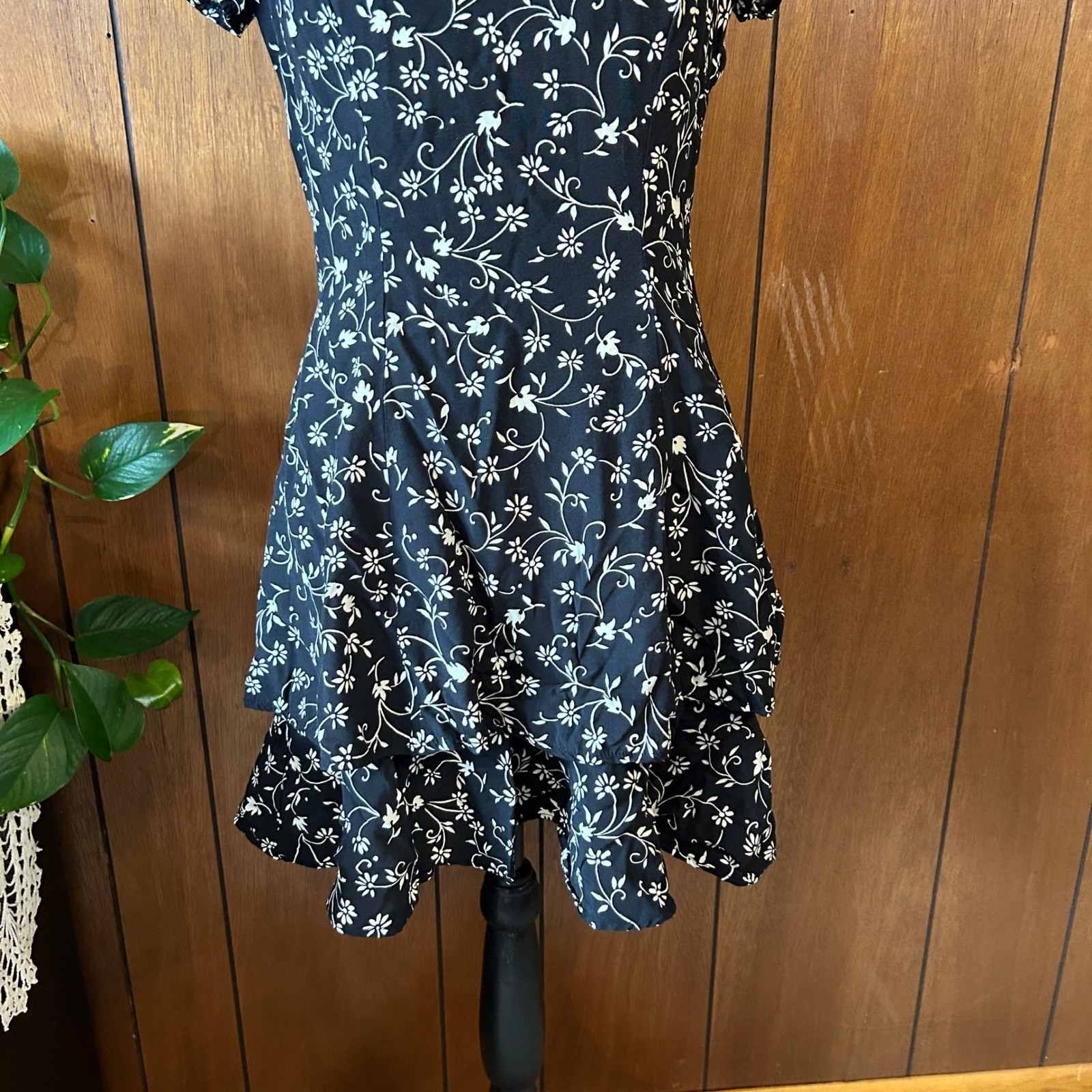 Vintage Rampage R-Wear Black Floral Mini Dress 90s Grunge Tiered Cottagecore