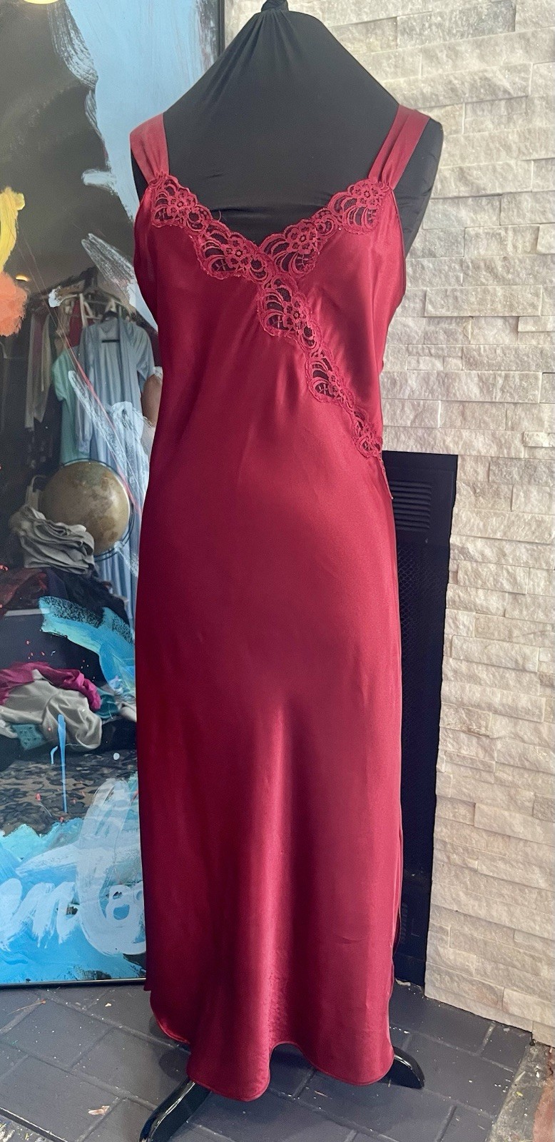Vintage Adonna Red Liquid Satin And Lace Long Night Gown Size Medium