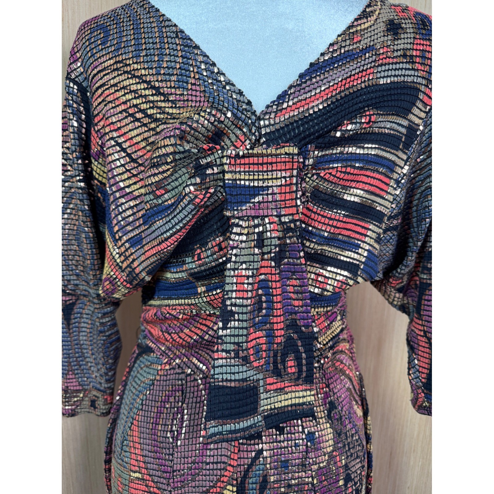 Vintage Janine of London La Vie Mosaic Metallic Knit Midi Dress Gold Red Sz M