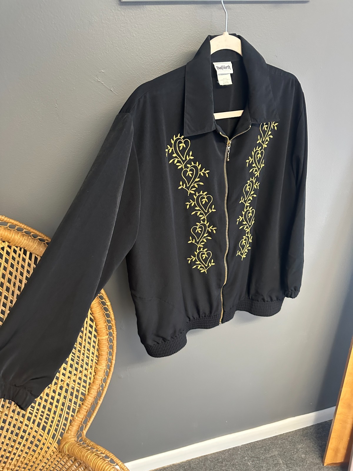 Vintage BonWorth Zip Bomber Track Jacket Womens Medium Petite Black Embroidered