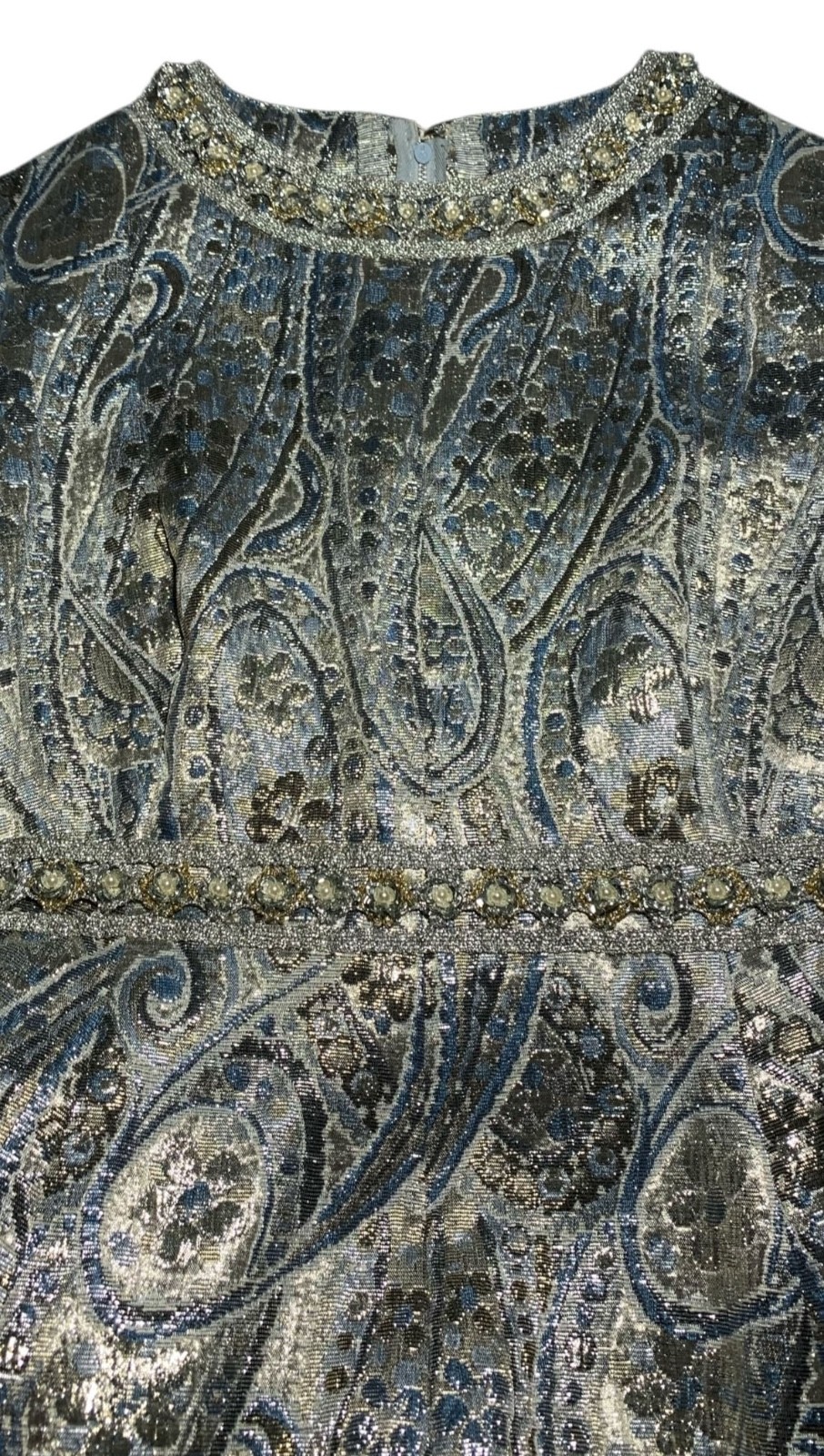 Vintage 60s/70s Women&rsquo;s Empire Waist Metallic Paisley Brocade Dress – Size XS/S
