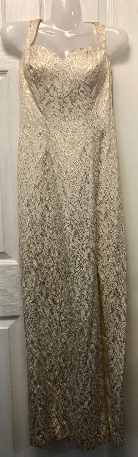 VINTAGE FLIRTATIONS IVORY AND GOLD METALLIC BROCADE FLOOR LENGTH EVENING GOWN