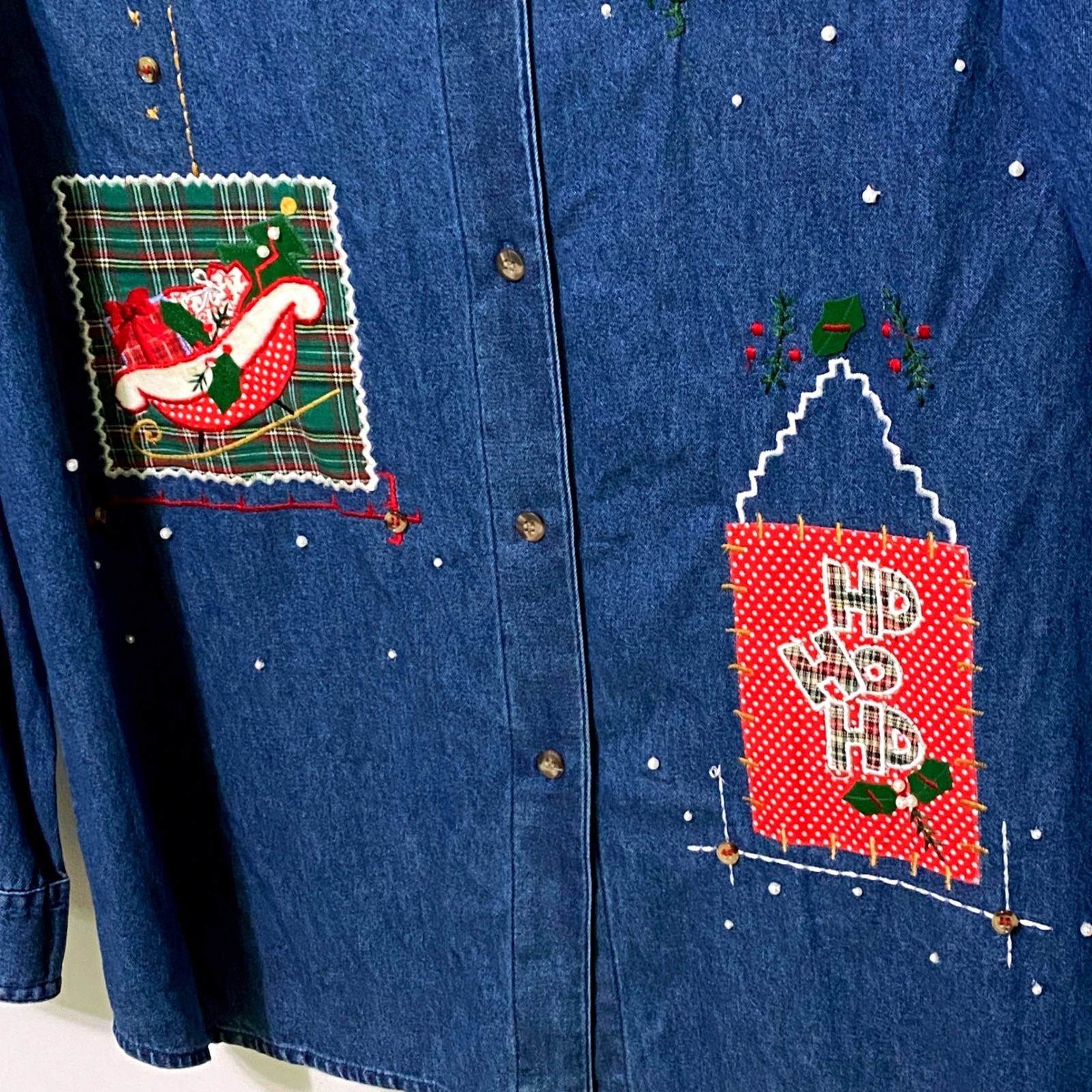 Vtg 90s Y2K Womens Chambray Button Up Christmas Shirt Kitschy Country Western M