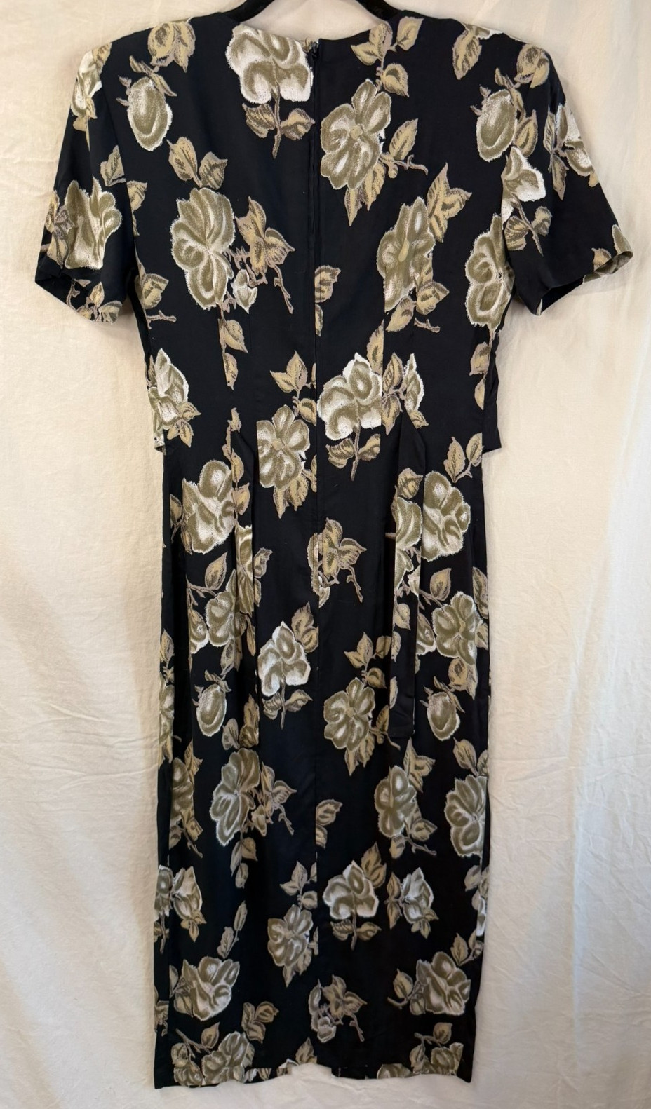 Vintage 1990s Kathie Lee Midi Dress Black Base Beige Floral Size 7/8