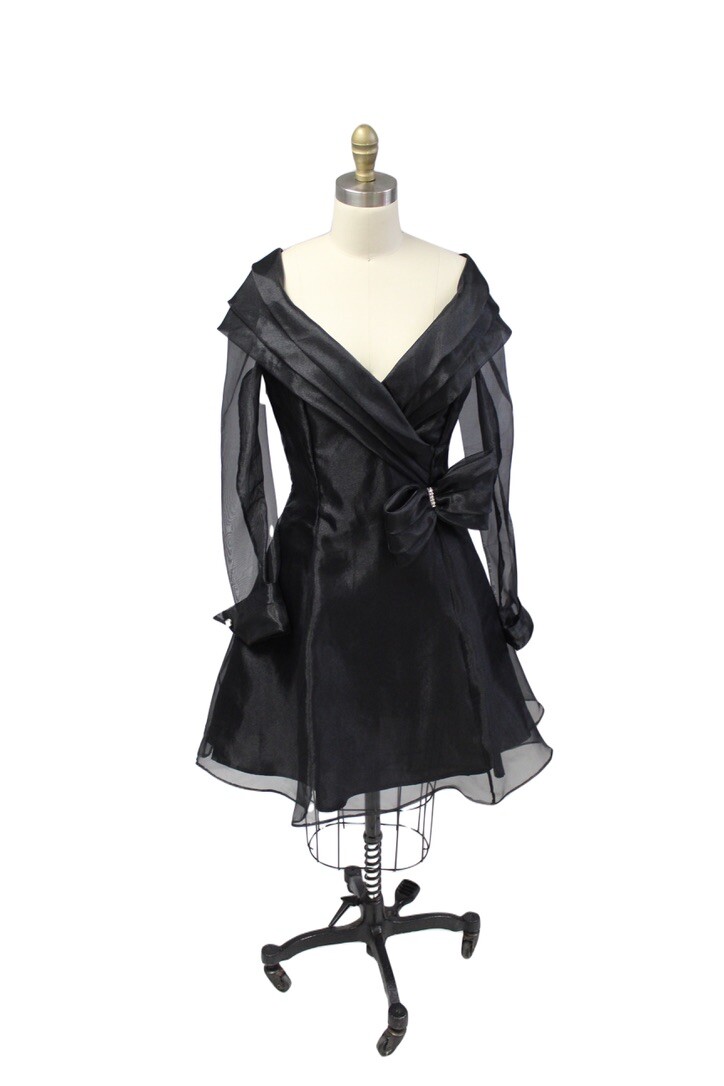 VTG 1980s L.A. Glo Black Cocktail Dress LBD Chiffon Ruffles Jewel Buttons Sz S