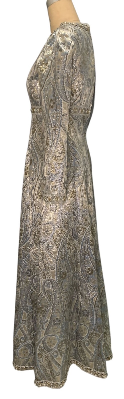 Vintage 60s/70s Women&rsquo;s Empire Waist Metallic Paisley Brocade Dress – Size XS/S