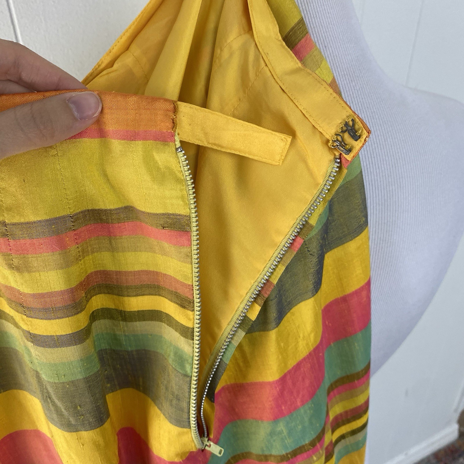 60s 70s Taffeta Multicolor Silk? Striped Maxi Skirt M 28-29” Waist Handmade