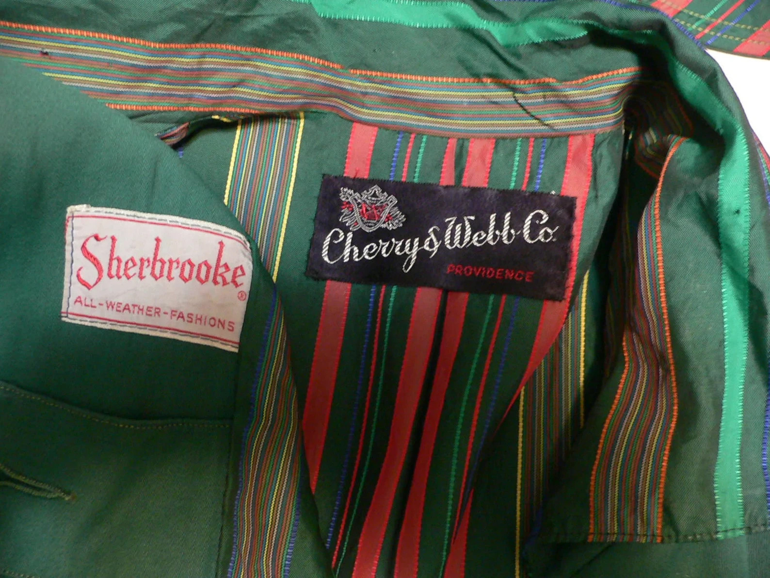 1940&rsquo;s 50s Raincoat w Matching Hat with Striped Taffeta Lining by Sherbrooke