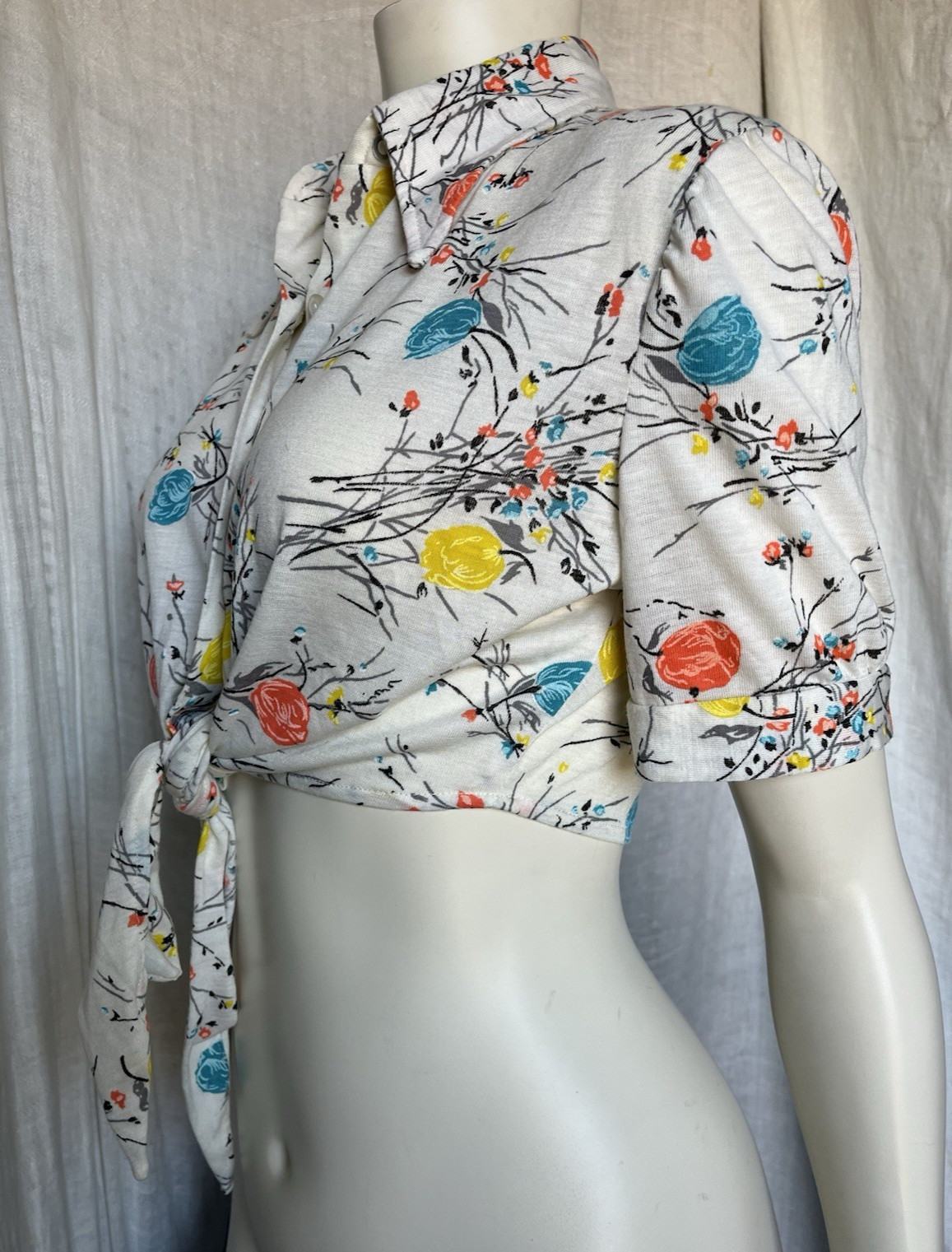 Vintage 70s Floral Crop Tie Blouse Summer Prairie Blooms Hippie Boho Cottage S/M