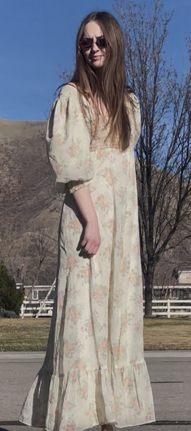 Vintage 70s Phase II California Prarie Floral Boho Sax Style Maxi Dress Sz 11