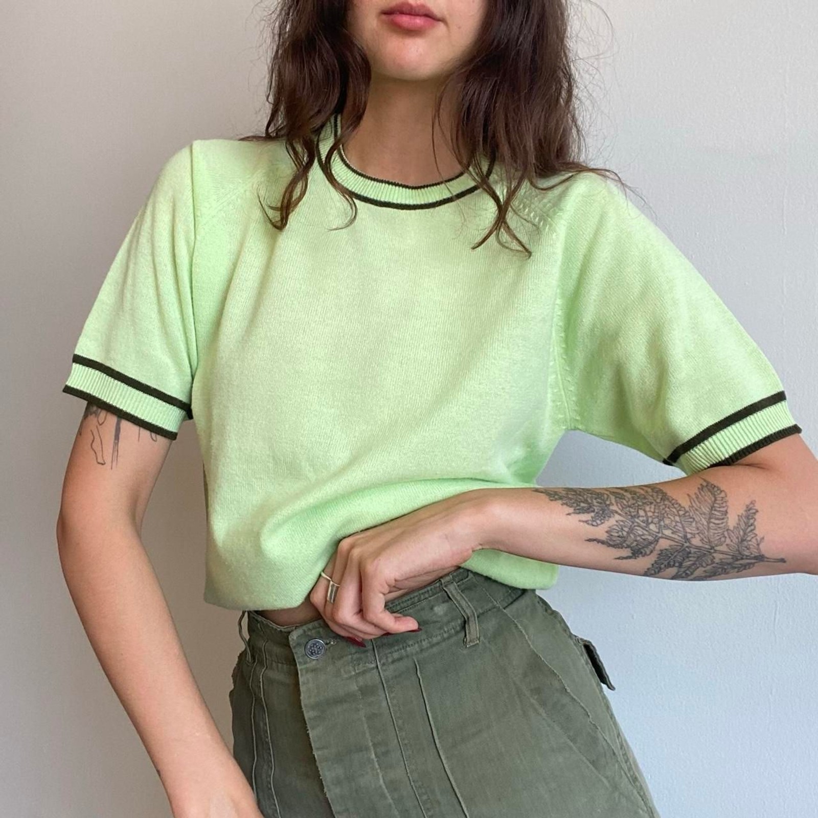 1960s acrylic bright pastel green short sleeve sweater