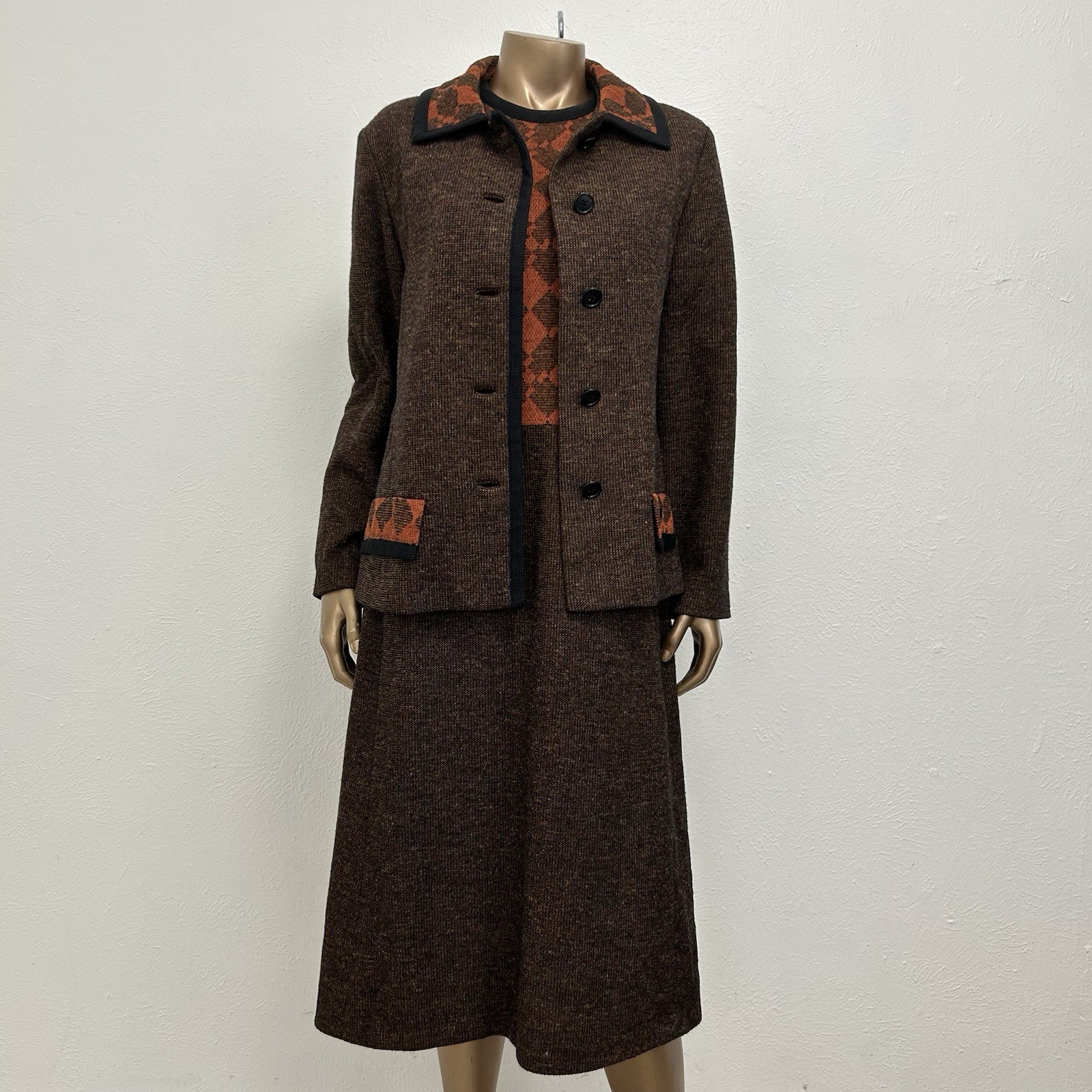 VTG Alper Schwartz M/L Brown Orange Wool Tweed Suit Dress Jacket 2-Pc 1960s/70s
