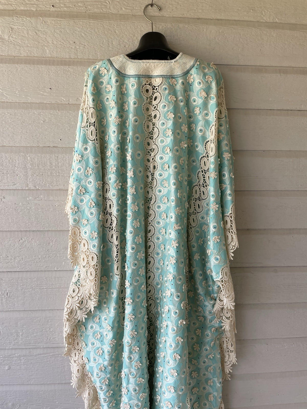Vintage 1970s Teal Woman’s Floral Embroidery Bedazzled Caftan Dress – Unbranded
