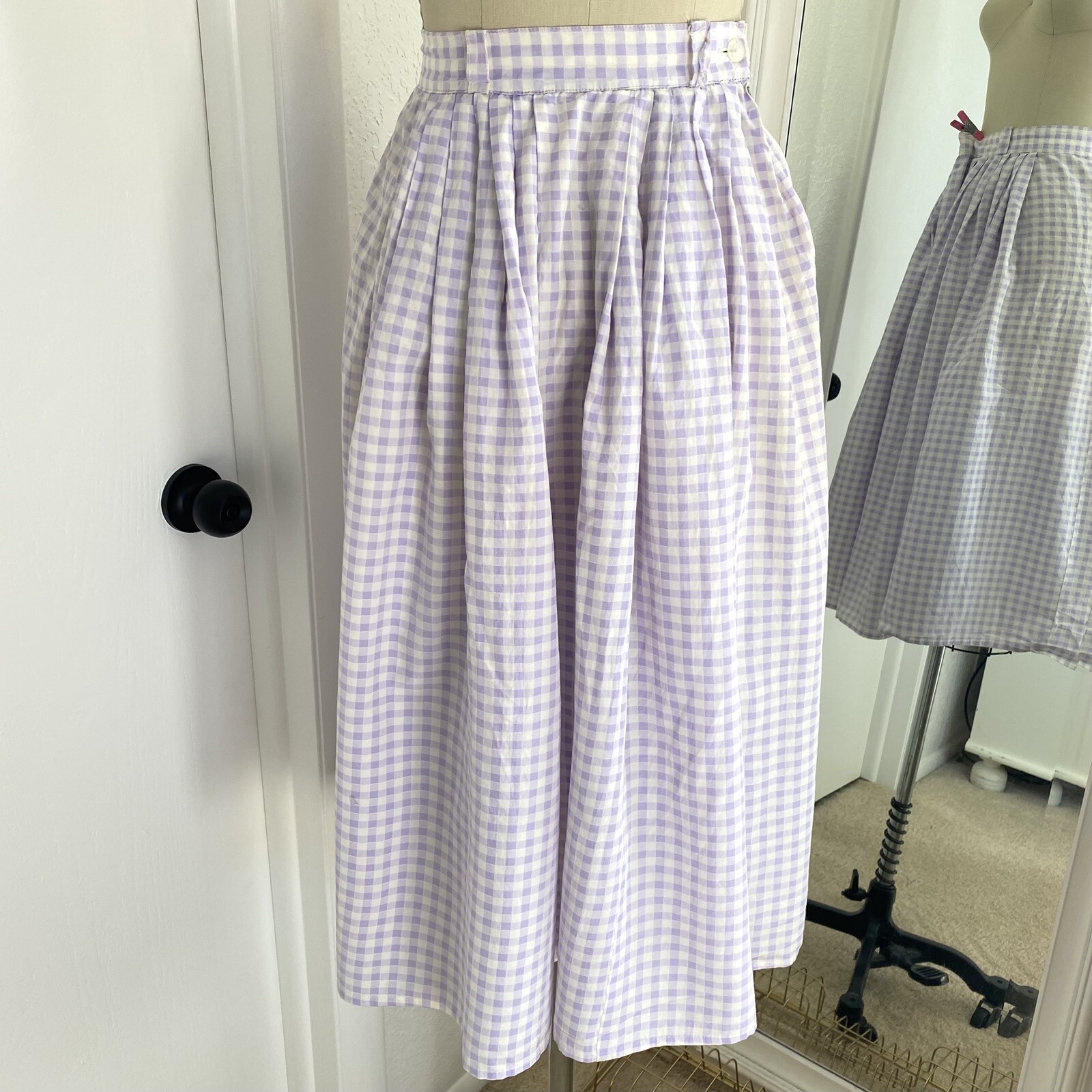 Vintage 50s Lavender Purple Full Gingham Skirt Cute Cottage Core 26&Prime; Waist