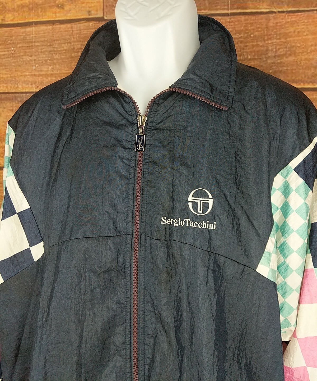 Vtg Sergio Tacchini Jogging Windbreaker Jacket~womens XLT~Blue Pink Check