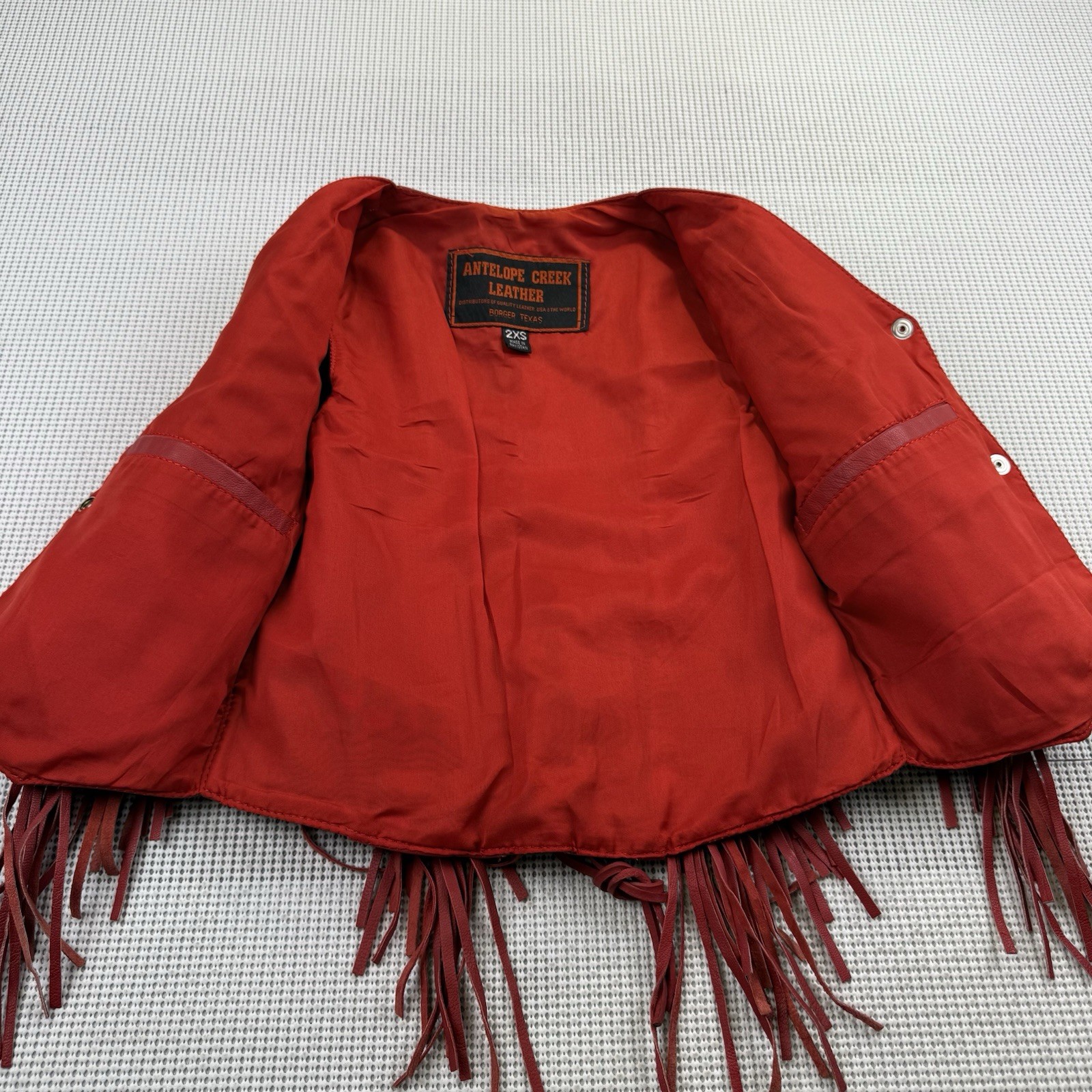 Vintage Antelope Creek Women’s 2XS Red Leather Fringed Vest, Lined, Pockets GUC