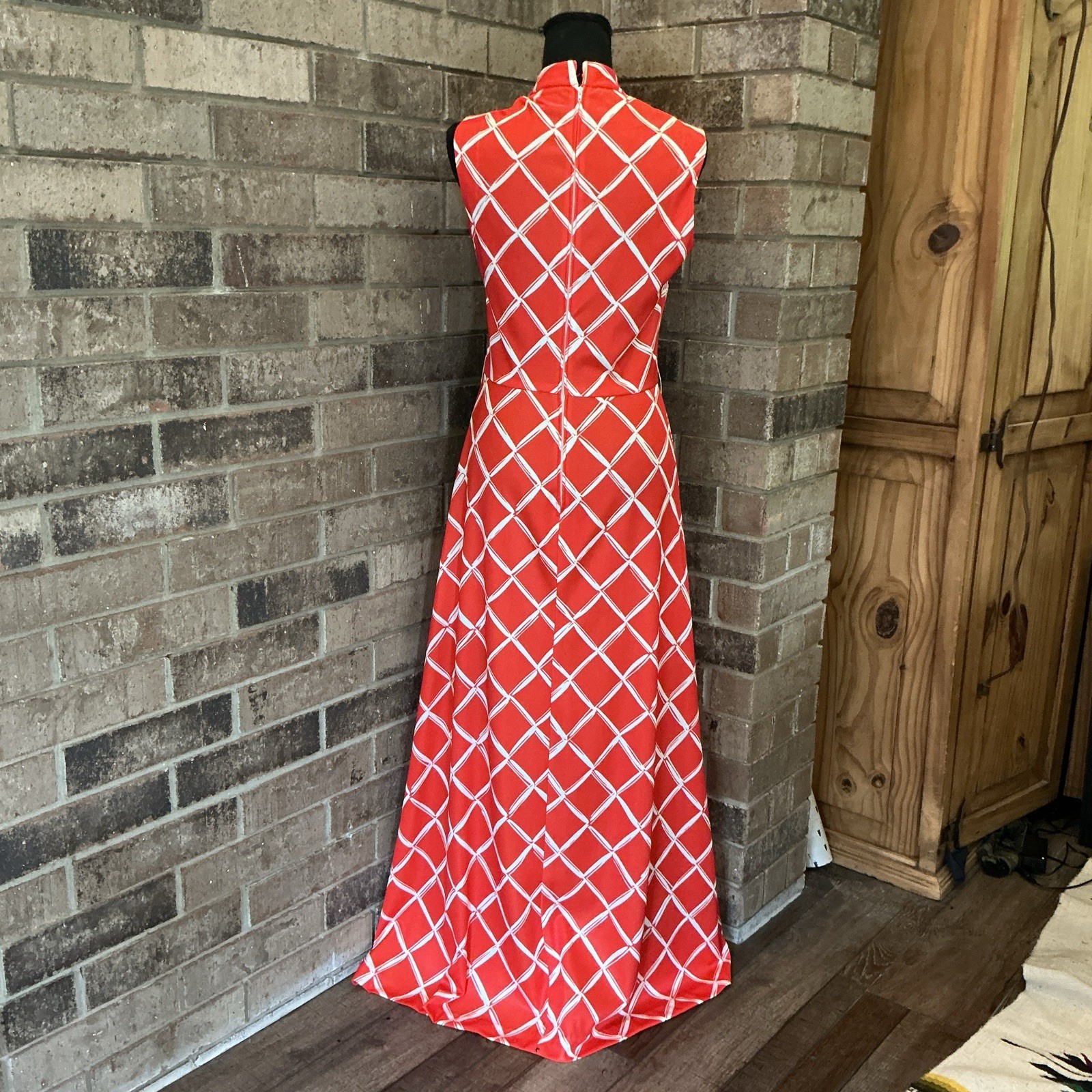 70s VTG Kay Windsor Red Geometric Maxi Dress Sleeveless Mock Neck Size XS/S #9E8