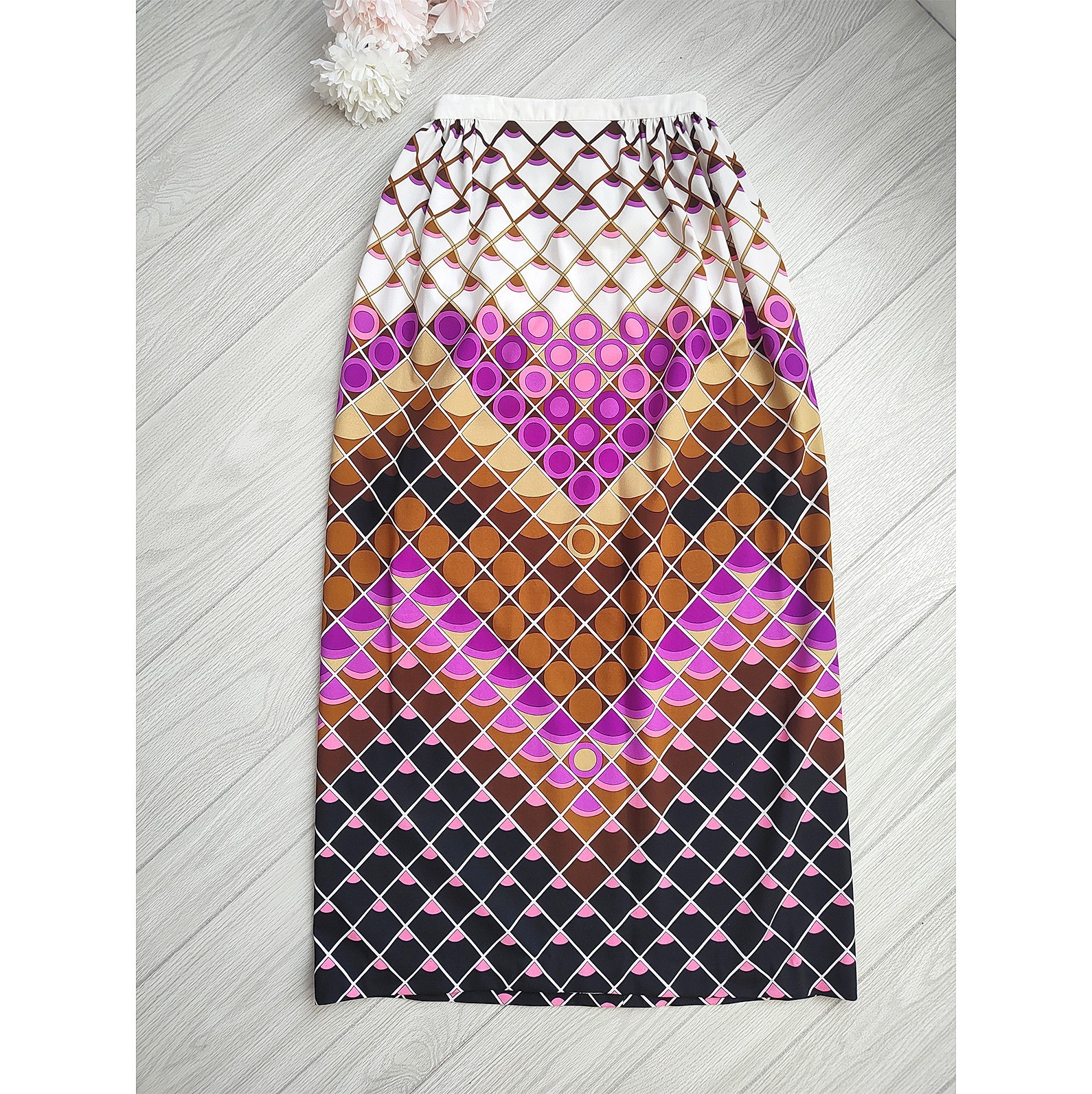 60s-70s Mod Psychedelic Maxi Skirt Purple Geometric Diamond Print Vintage Boho M