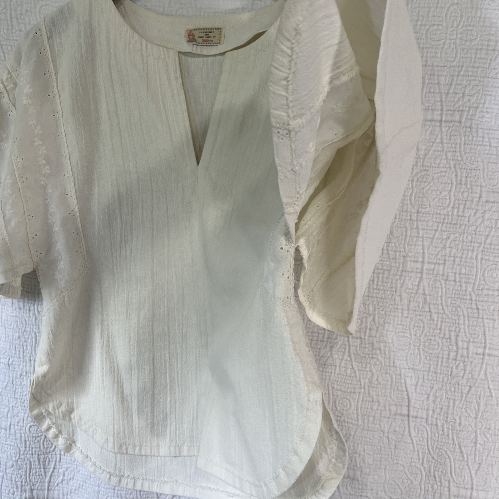 Vintage Fashioned And Handmade By Madelyne Cream Peasant Blouse Flutter Sleeve M