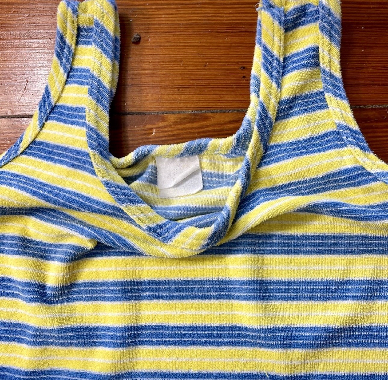 Vntg 70s Terrycloth Striped Tank Top Blue Yellow Retro Beachy Mod Tee Sz M💛🍄