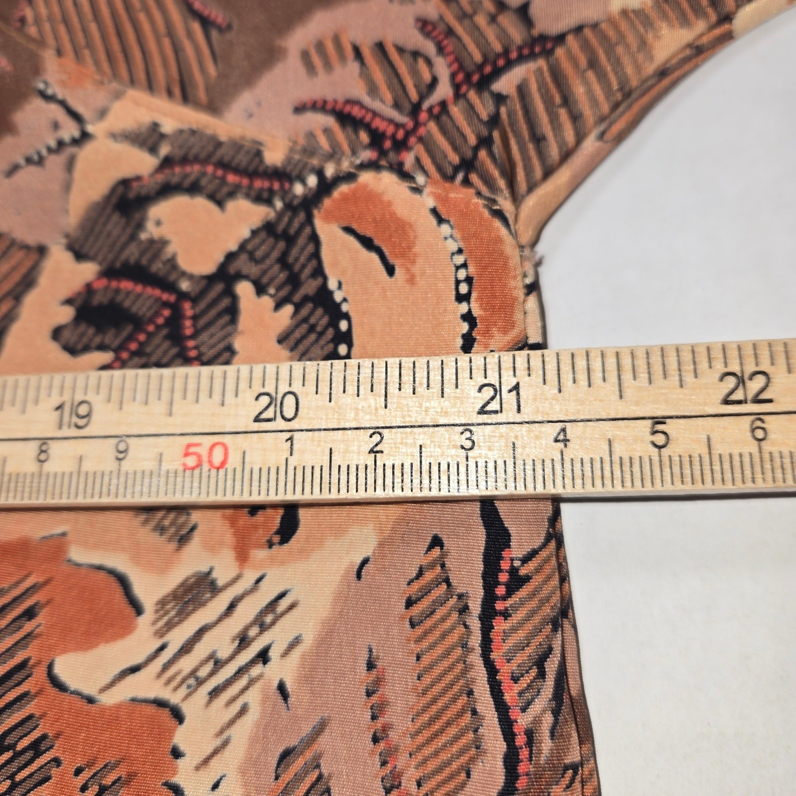 Vintage Macaw Womens Leaf Print Blouse Asymmetrical Satin Collar Brown Copper