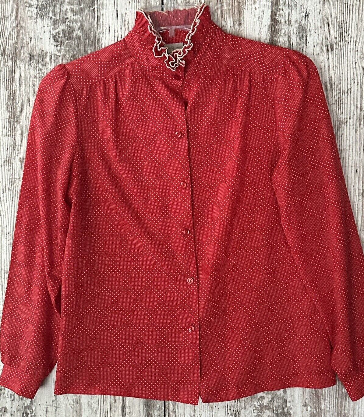 Vintage PYKETTES Women&rsquo;s M Red Polka Dot Ruffled High Neck Button Front Blouse