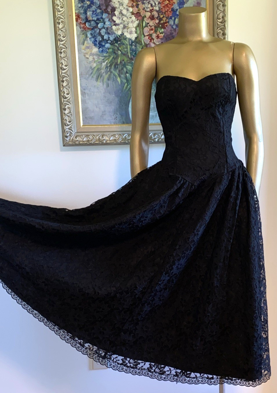 VINTAGE 80&rsquo;s Gorgeous Black Lace Strapless Cocktail Dress M ELLYN Whimsigoth