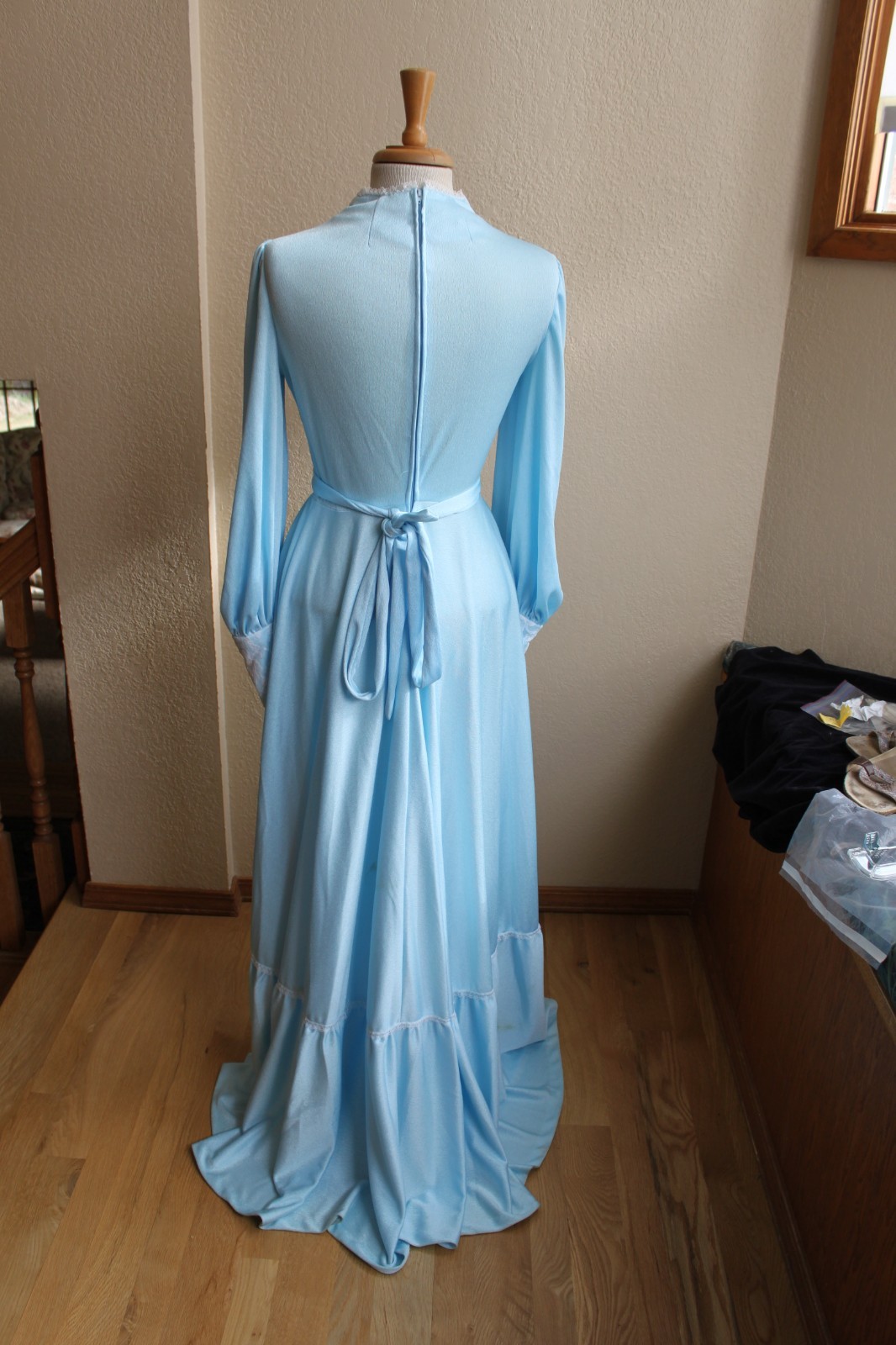 Vintage 70&rsquo;s Victorian Style Romantic Blue Peasant Maxi Dress S 26&Prime; waist