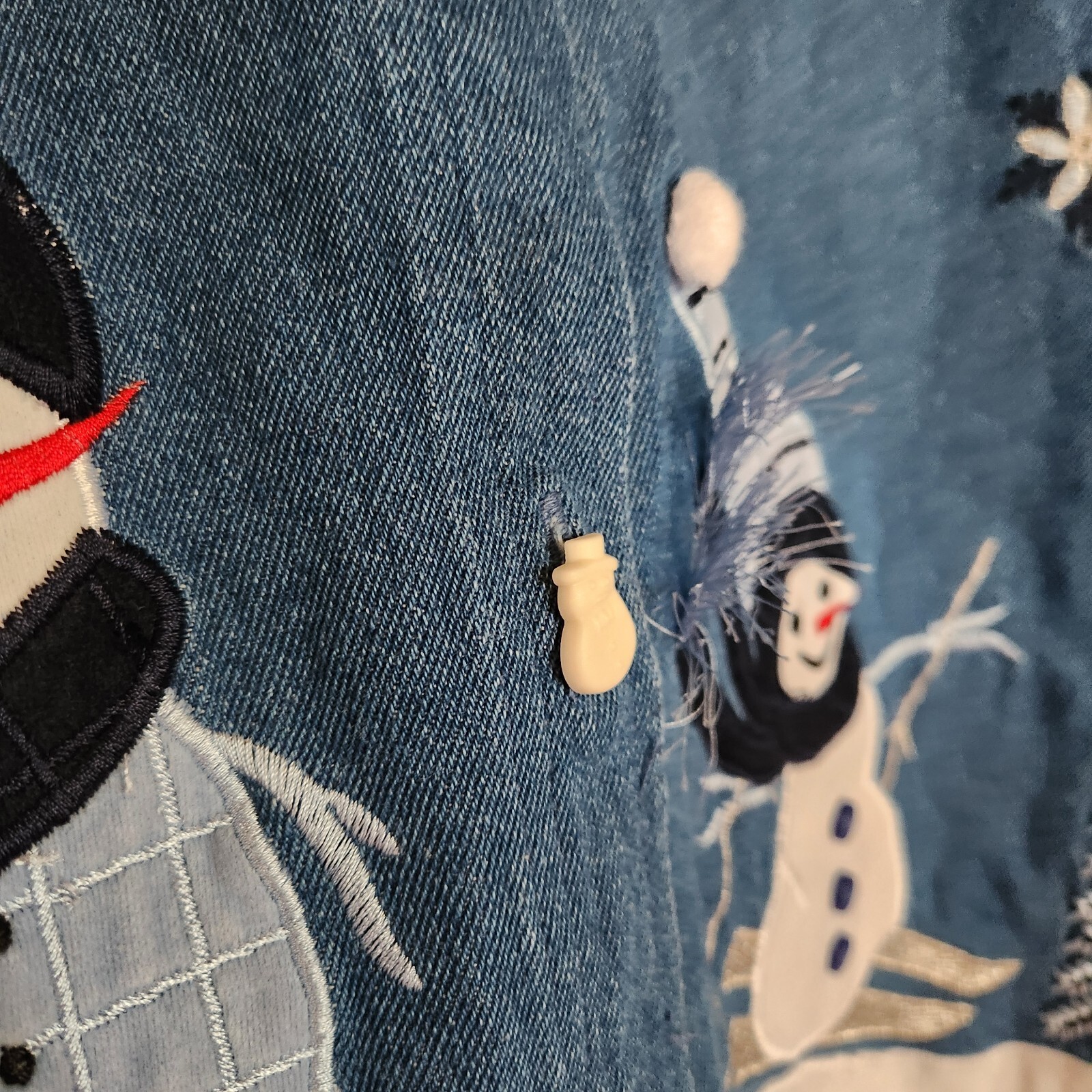 Vtg Denim Snowman Jacket Shacket Winter Kitschy Grandmacore Quirky Art Teacher
