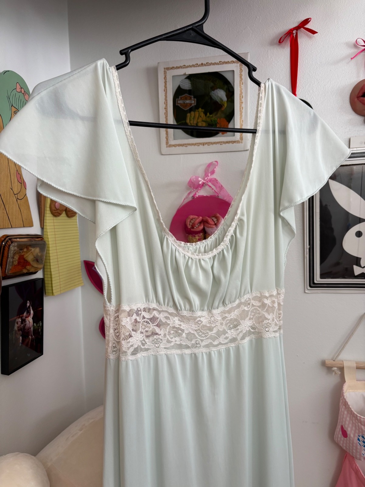 SIZE Small Vintage 1960s Olga pastel mint maxi length nightgown