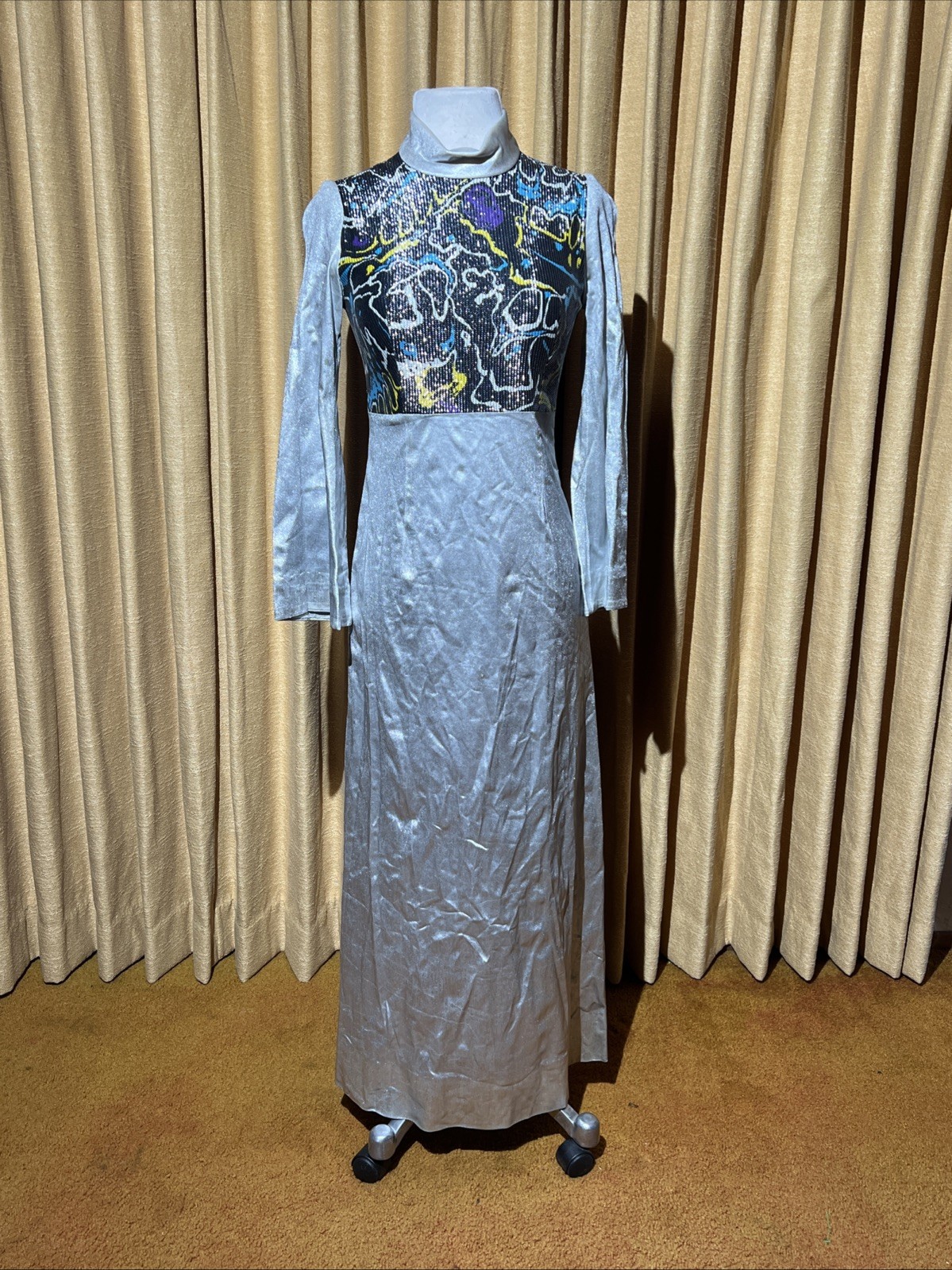 Vtg 1960s Liquid Silver Psychedelic Space Age Disco Maxi Dress With Bell Sleeves