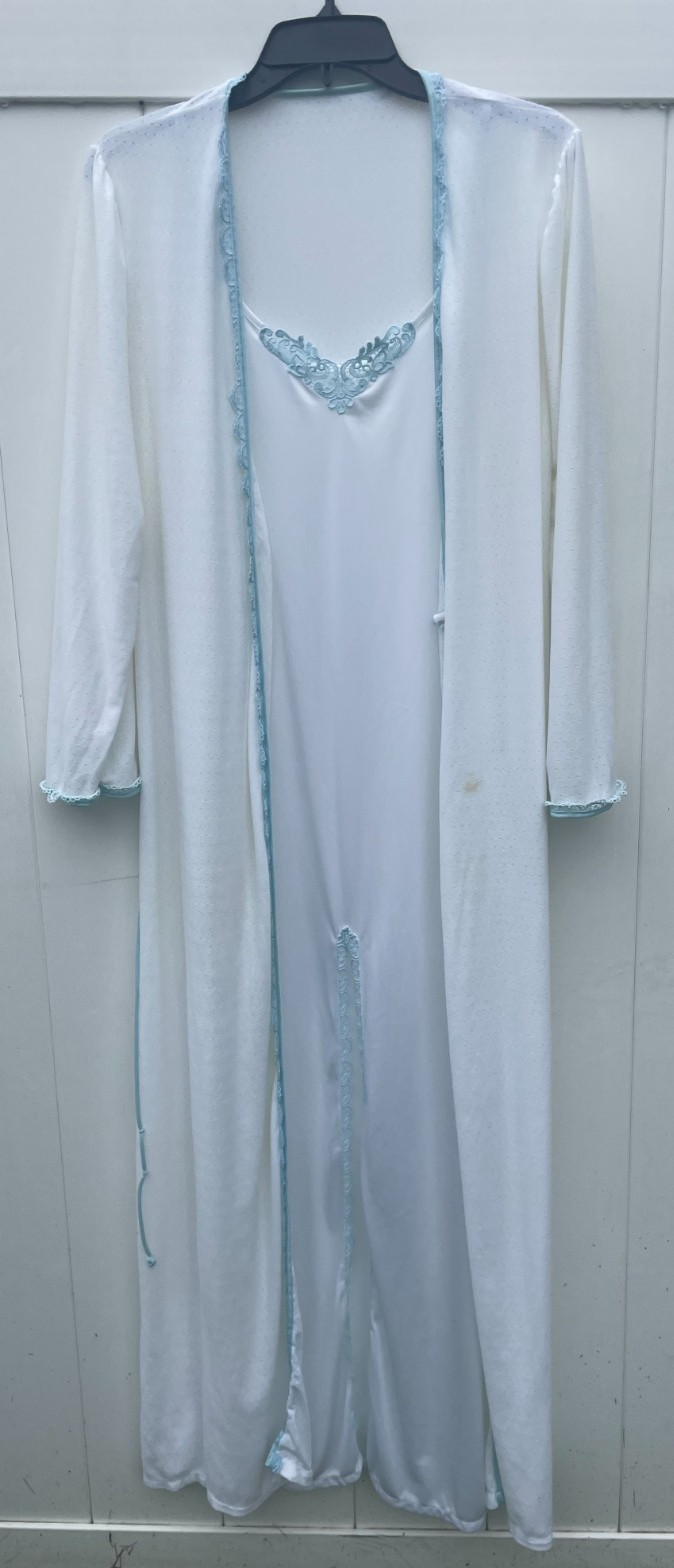 Vintage JC Penney Long Silky Nightgown/Soft Robe Set, 1980s, White & Light Blue
