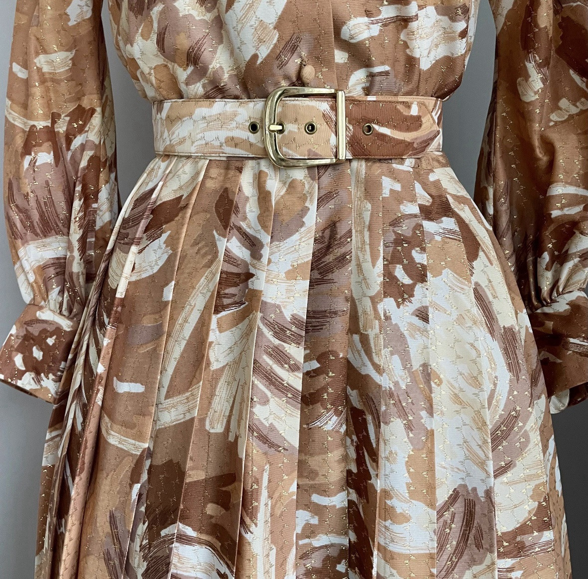 Vintage 70’s Domani Knits Dagger Collar Abstract Copper & Gold Metallic Dress S