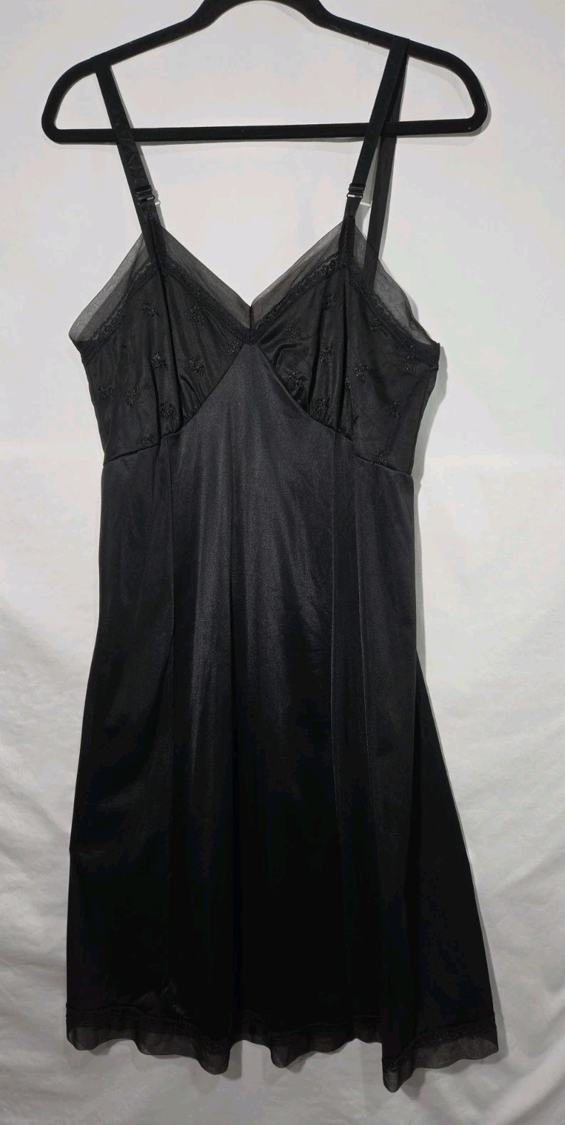 1960s Philmaid Full Slip Dress Womens 38 Black Vintage Embroidered Mesh Trim