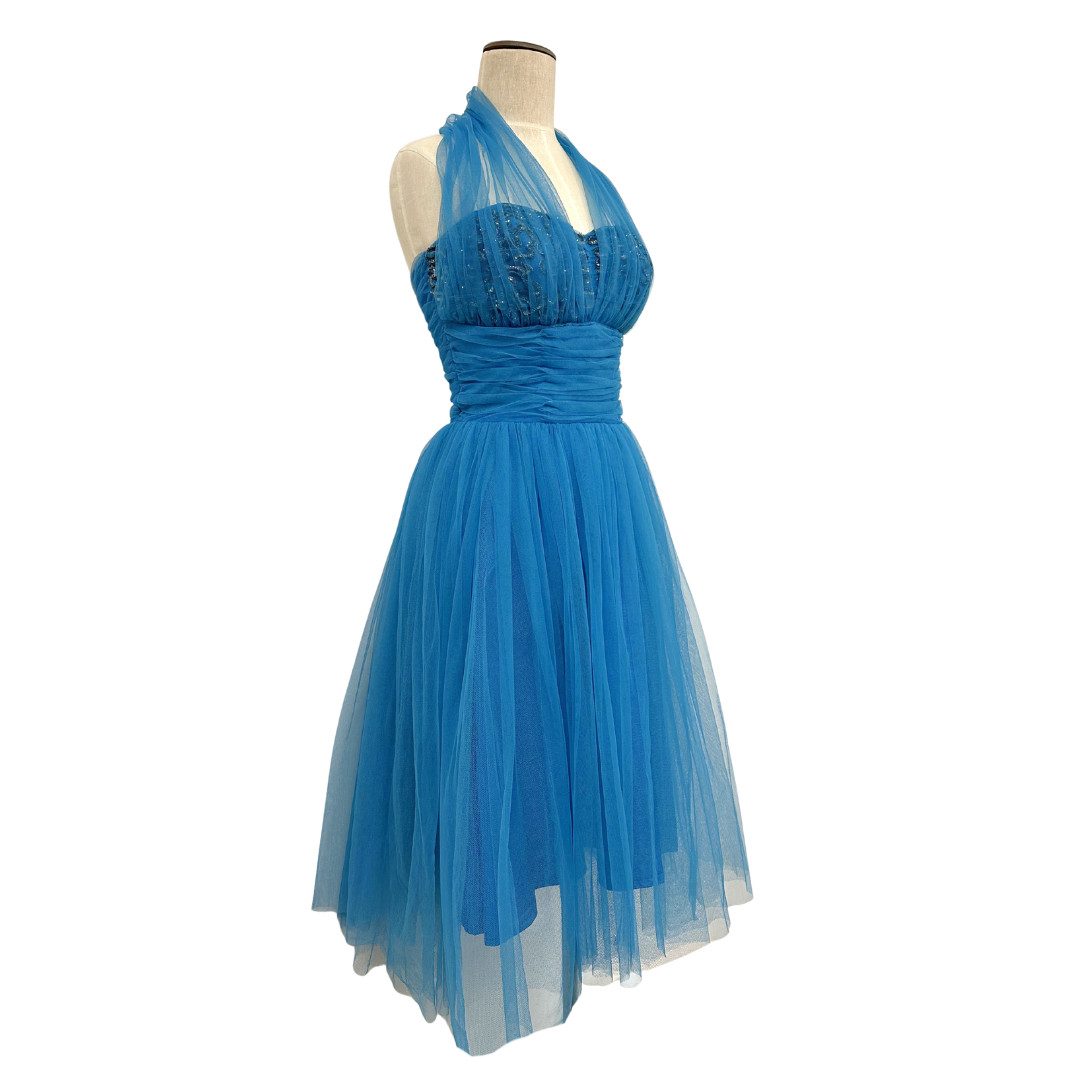 Vintage 1950s Blue Sequin Halter Tulle Cupcake Party Dress