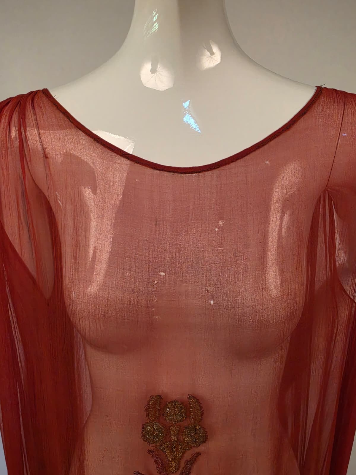 FLAPPER 1920’S RUST RED SHEER SILK CHIFFON DRESS W STAR GOLD LAME BROCADE DETAIL