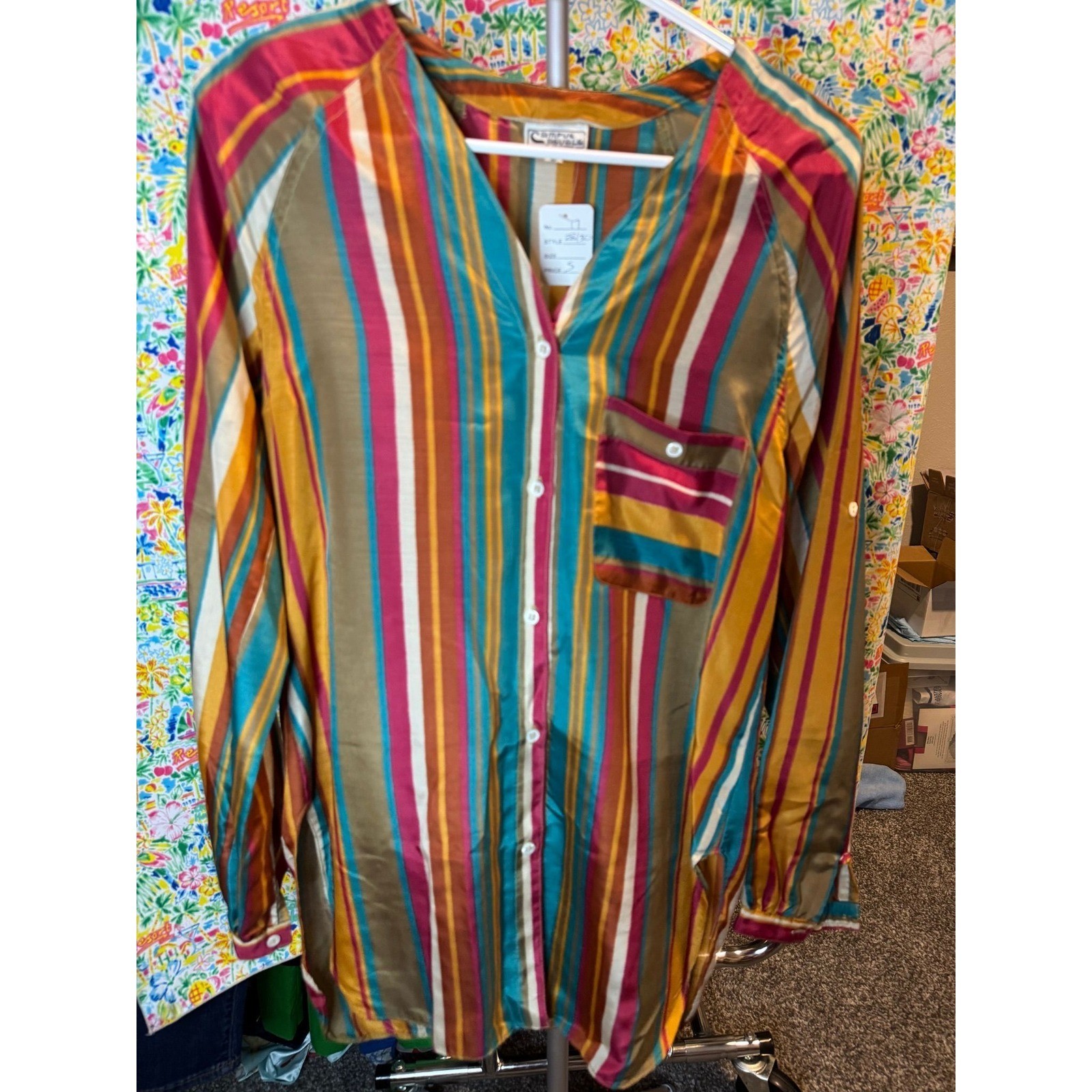 115 Vintage Campus Casuals of California Striped Button Down Tunic Blouse Small