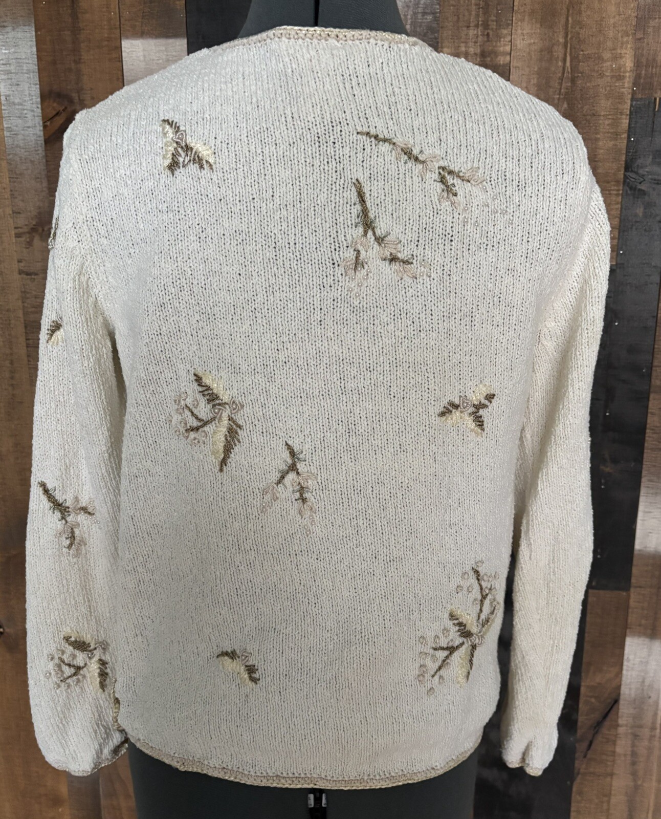 Vintage 90s Talbots Petites Beaded Floral Sweater M Ramie Cotton Beige