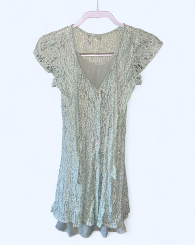 Vintage Lace Mini Dress light green blue Button Cottagecore Coquette Sheer Small