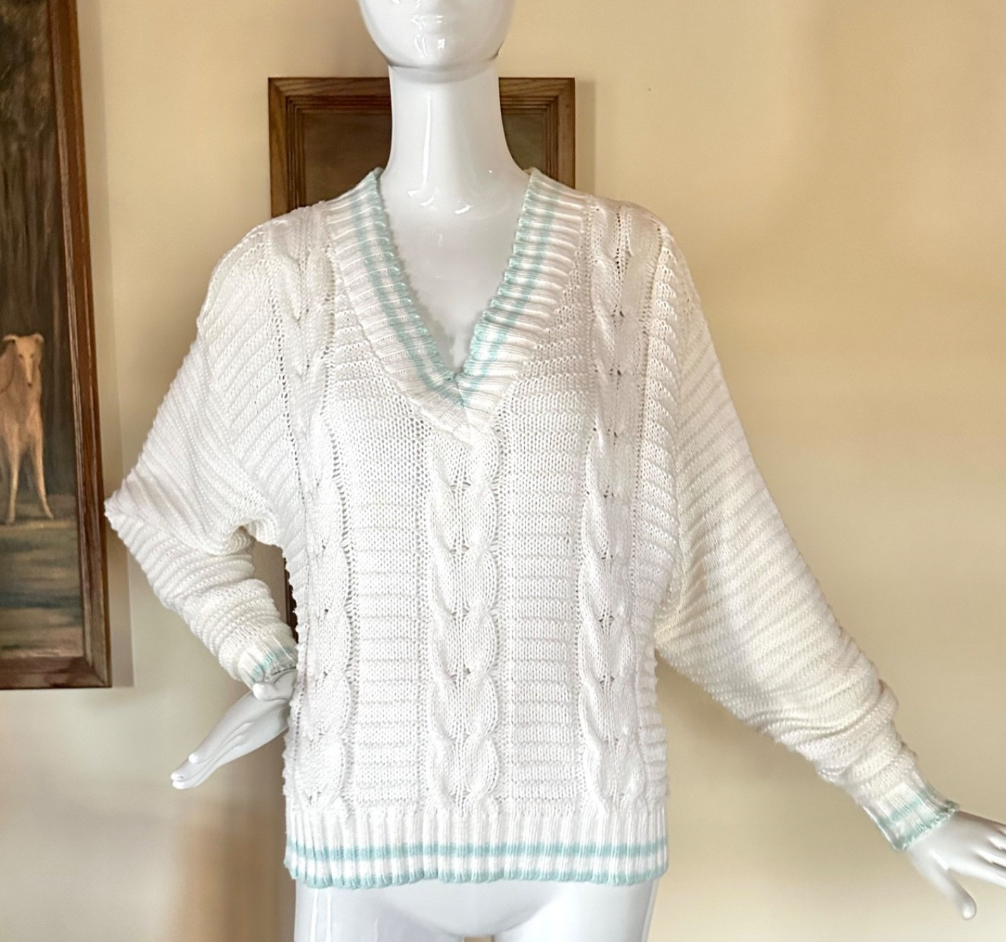 Vintage 80s 90s Preppy White & Aqua Varsity Cable Knit Long Sleeve Sweater M