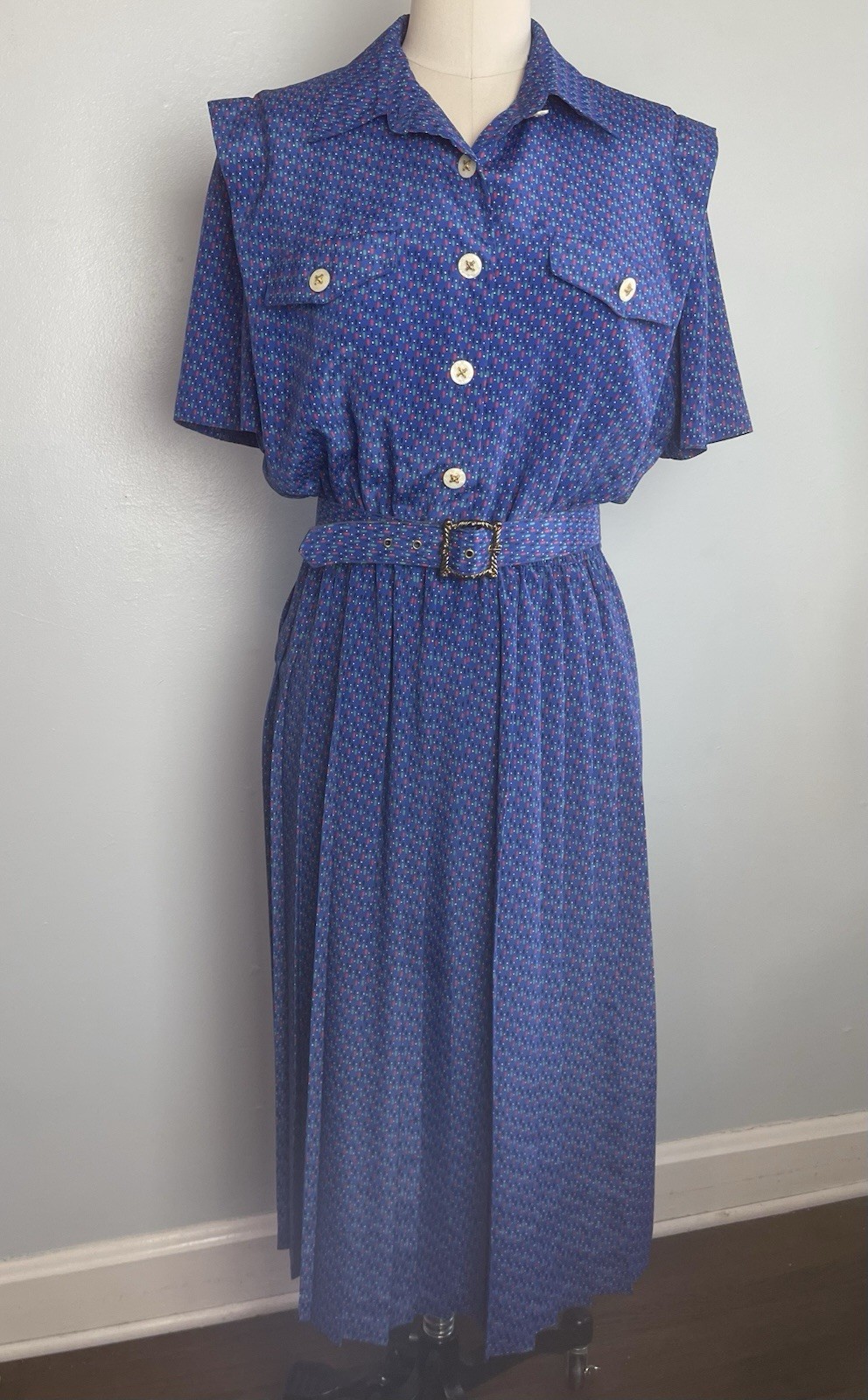 Dot Dash Blue 1980s 80s Rayon Belted Shirtdress Leslie Faye
