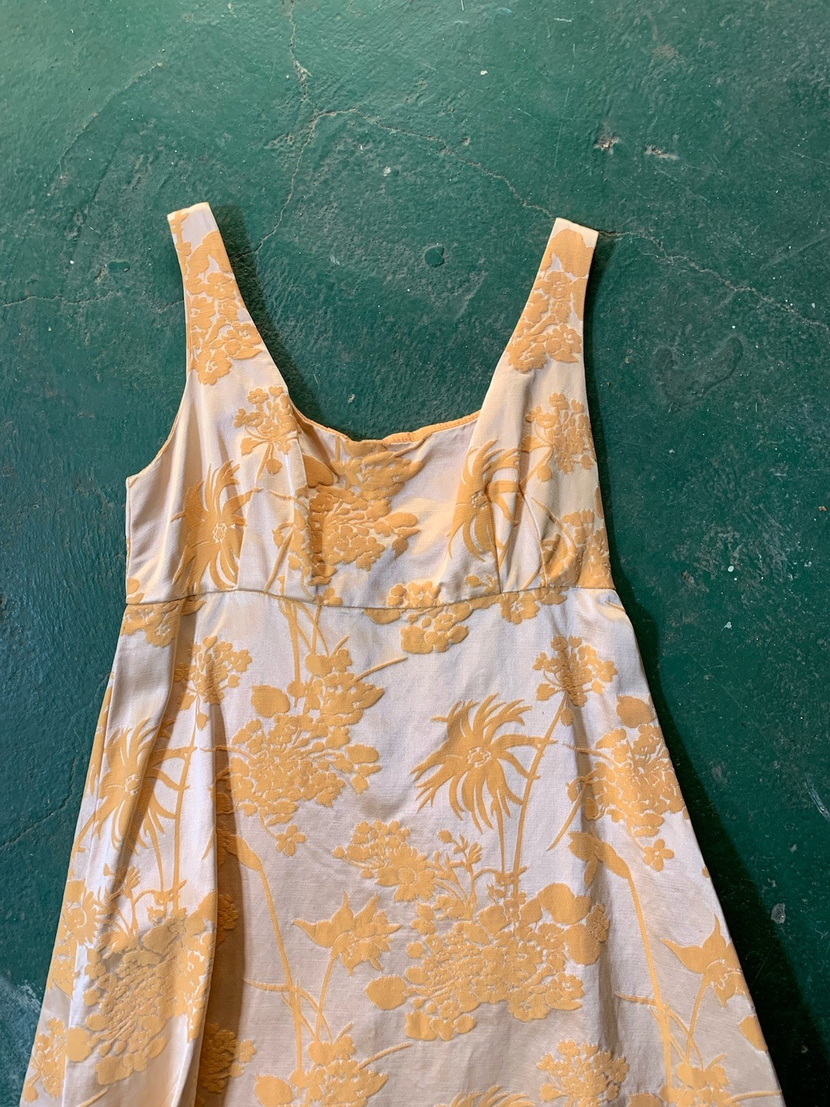 Vintage 1950s Velvet Embossed Floral Pattern Peach Gown Pleated Eveningwear
