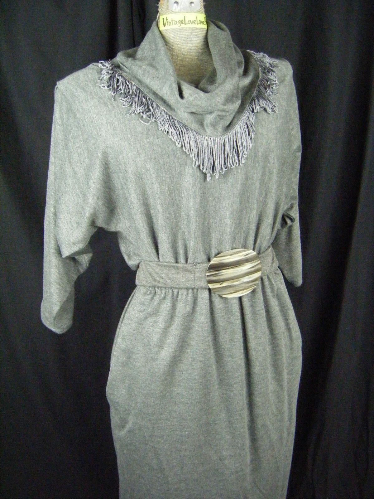 STUART ALAN Vtg 80s Heather Grey Knit Fringes Collar Western Dress-Bust 44/M
