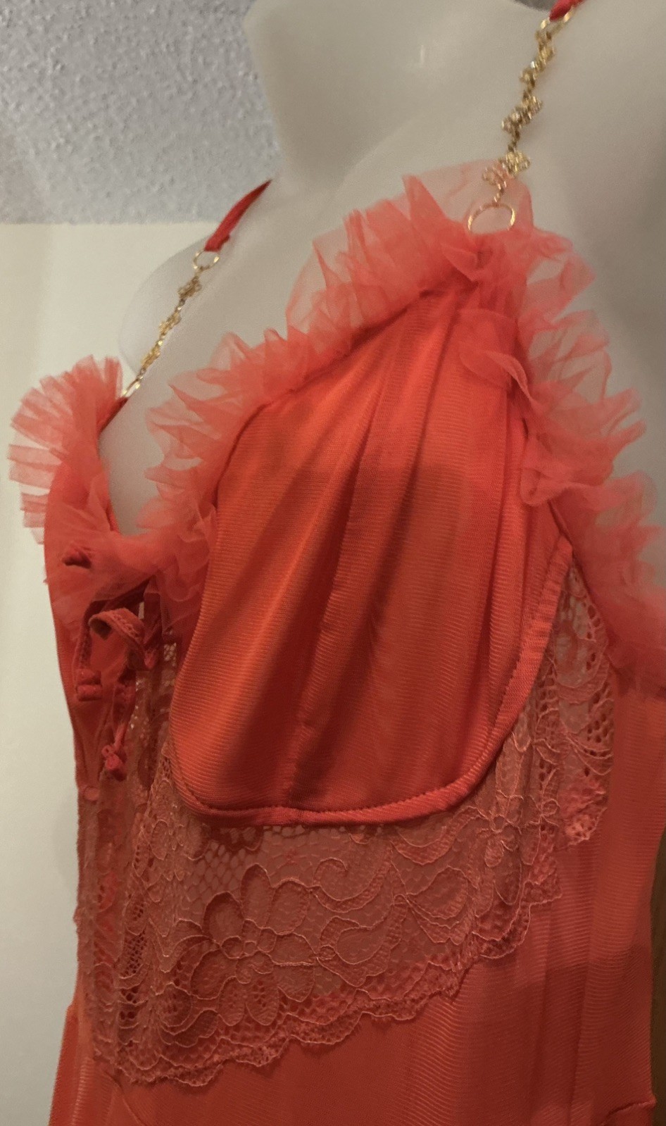 Full Sweep Orange Citron See-Through Lace FULL SHEER Chiffon Nightgown Gown L