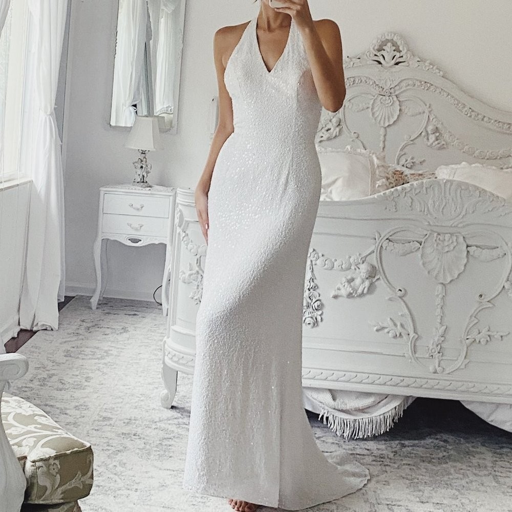 Vintage Alfred Angelo Sequin Halter Floor Length Wedding NYE Vegas Gown