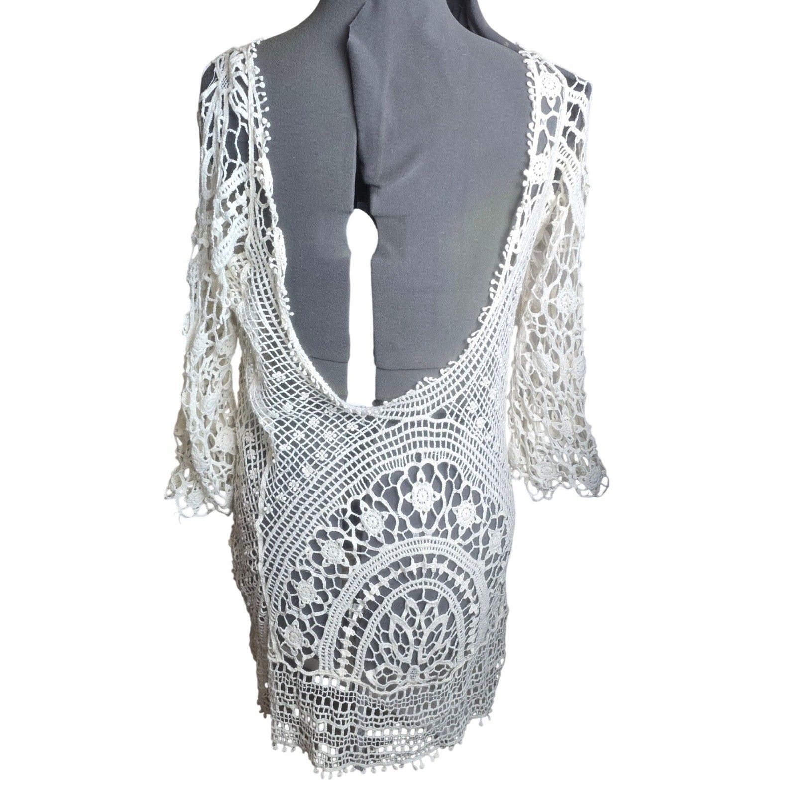 Vintage Crochet Lace Open Back Mini Dress Cream Festival Boho