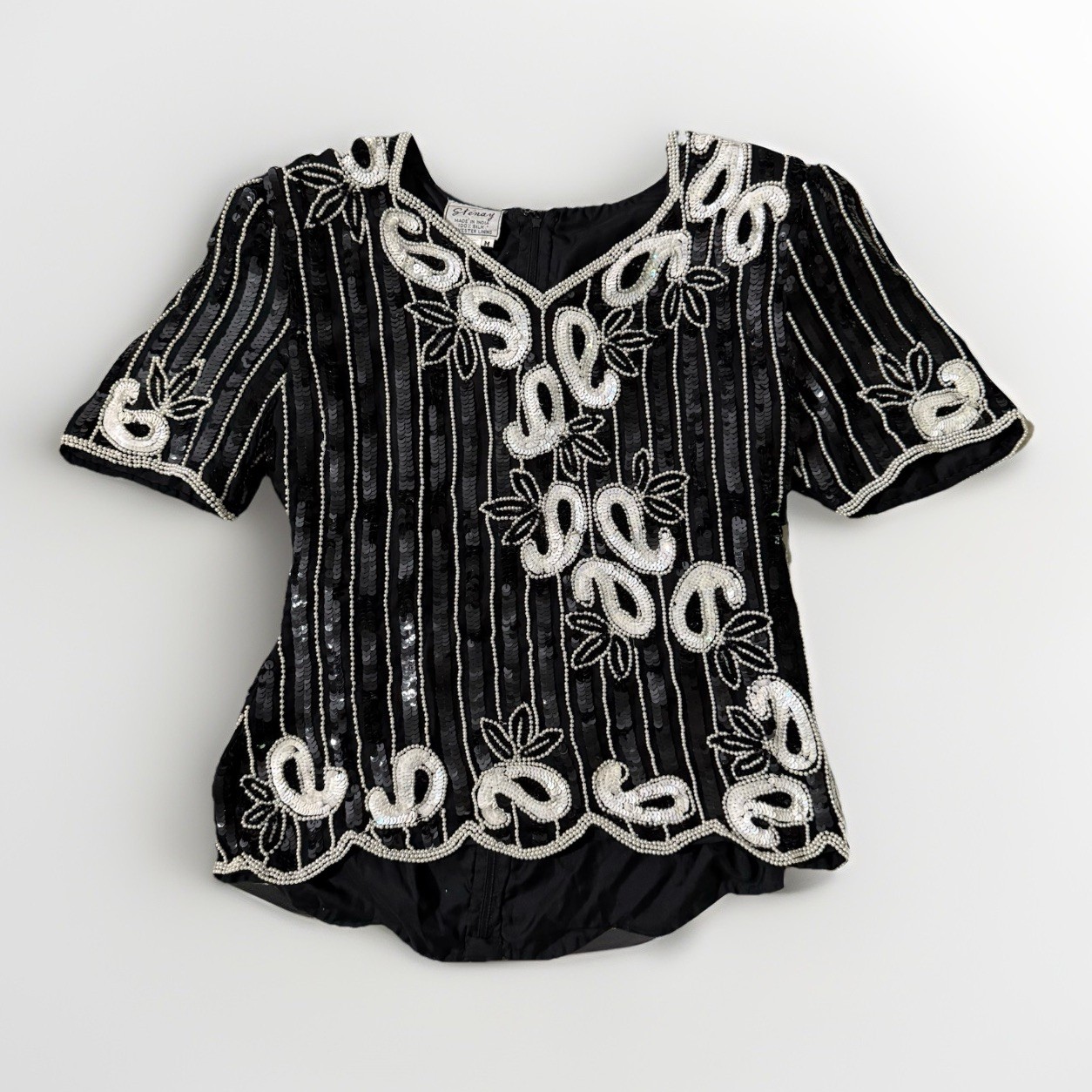 Vintage Stenay Black and White Sequin Evening Blouse Top with Bead Trim | Size M